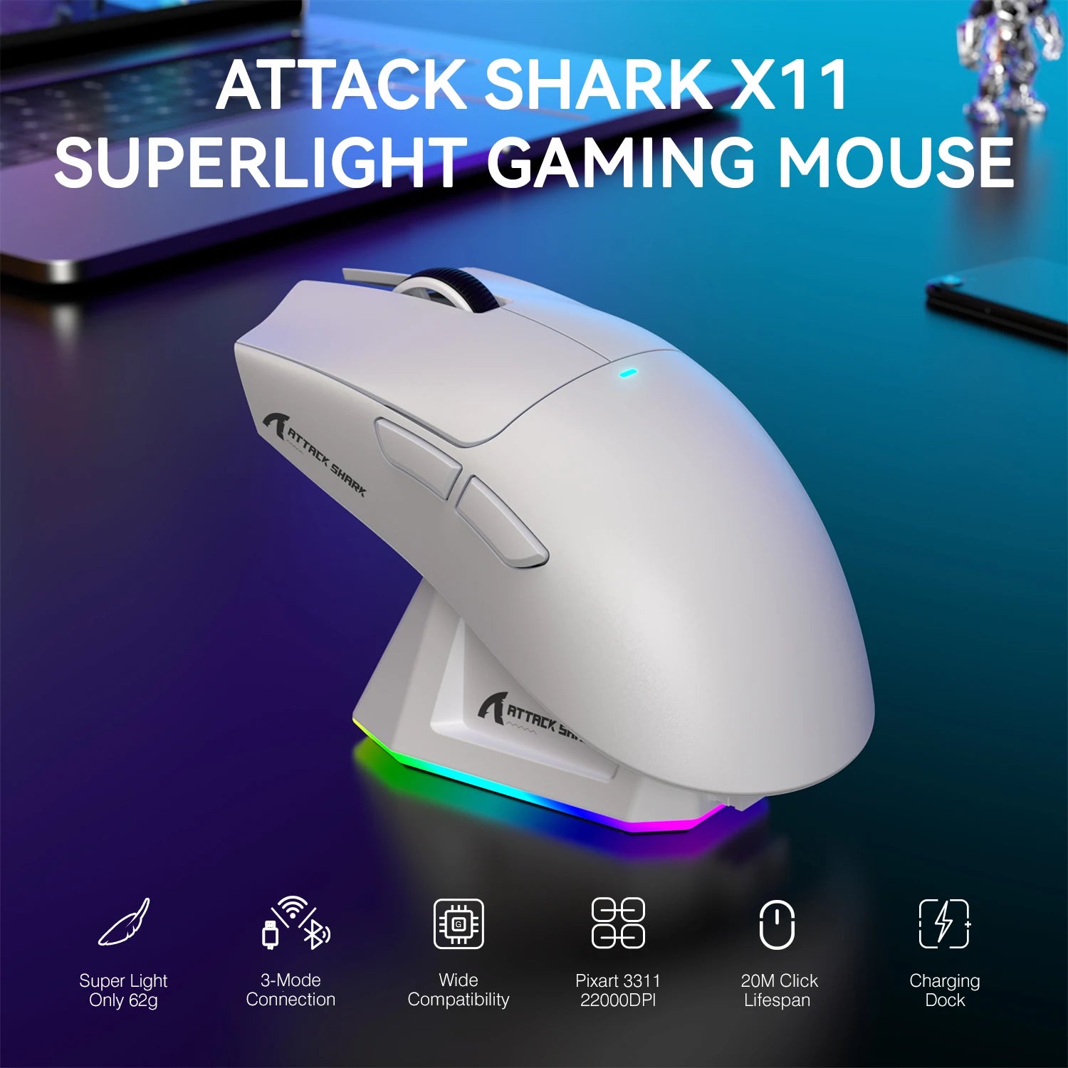 Mouse para jogos sem fio leve ATTACK SHARK X11 com carregamento de luz de fundo RGB, até 22K DPI, sensor óptico PAW3311, HUYU Swit
