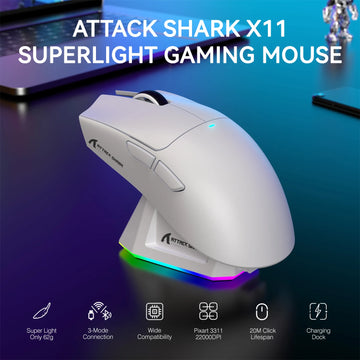 Mouse para jogos sem fio leve ATTACK SHARK X11 com carregamento de luz de fundo RGB, até 22K DPI, sensor óptico PAW3311, HUYU Swit