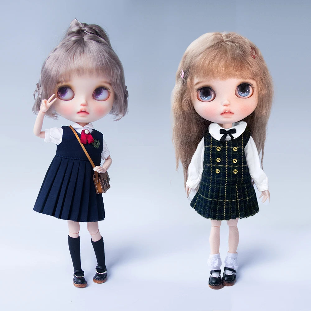 Blyth academia conjunto de uniforme blyth roupas vestido camisa xadrez saia plissada para ymy licca azones ob22 24 27 acessórios boneca